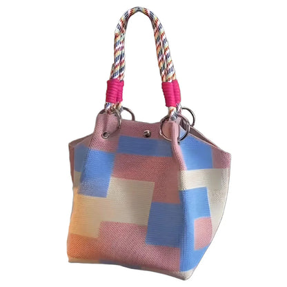 Women's Color Block Knit Tote Bag Bucket Bag Storage Bag with Adjustable Straps & Metal Rings Snap Closure for Casual Travel