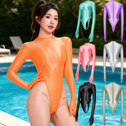 Women Sexy Japanese Onepiece High Cut T-shaped Quickdry Swimwear Longsleeve High Neck Thong Tight Bodysuit Leotards Bathing Suit