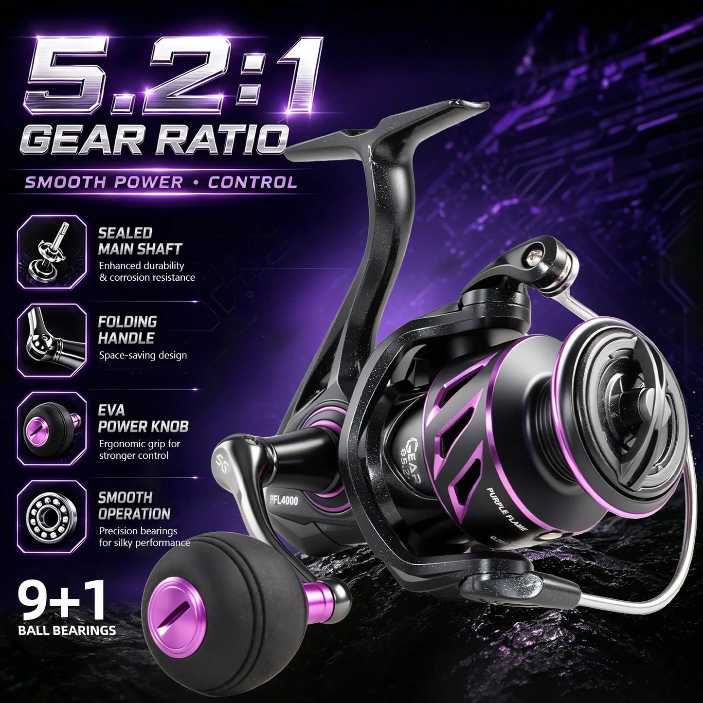 Sougayilang Spinning Reel 1000-4000 Serie 9+1BB 5.2:1 Gear Ratio CNC Aluminum Spool Waterproof Saltwater Freshwater Fishing Reel