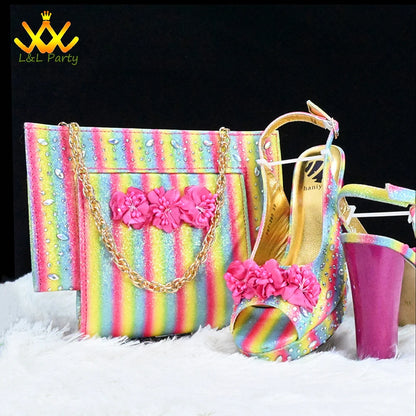 High Quality 2024 Summer New Design in Purple Color Mature Style Italian Women Shoes and Bag Set with Platform for Wedding Party