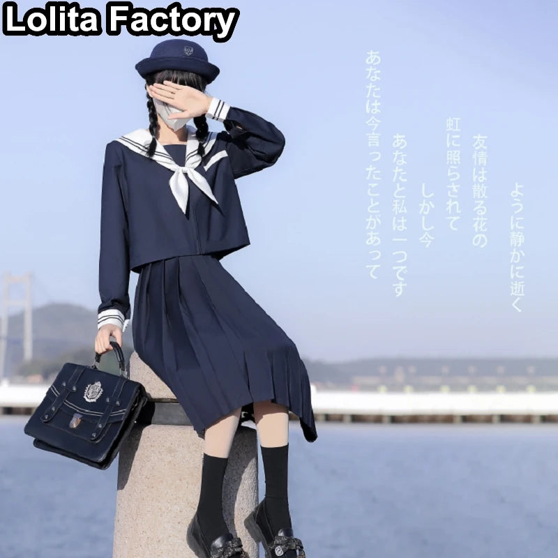 65cm longuette JK Uniform Sets Japanese Women girls uniform dark blue Short/long Sleeve School Uniforms Sailor Pleated Skirt