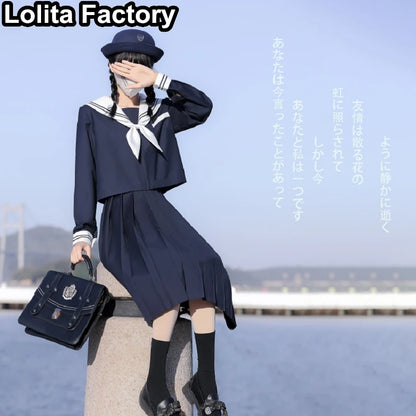 65cm longuette JK Uniform Sets Japanese Women girls uniform dark blue Short/long Sleeve School Uniforms Sailor Pleated Skirt