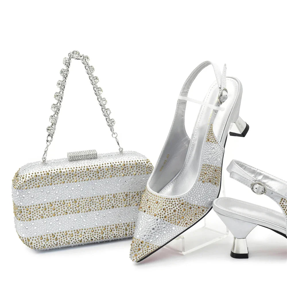 Luxury Italian Shoes and Bag Set for Women Elegant Shoes Woman Heel Nigeria Party Shoes and Bags for Women Rhinestone Pumps