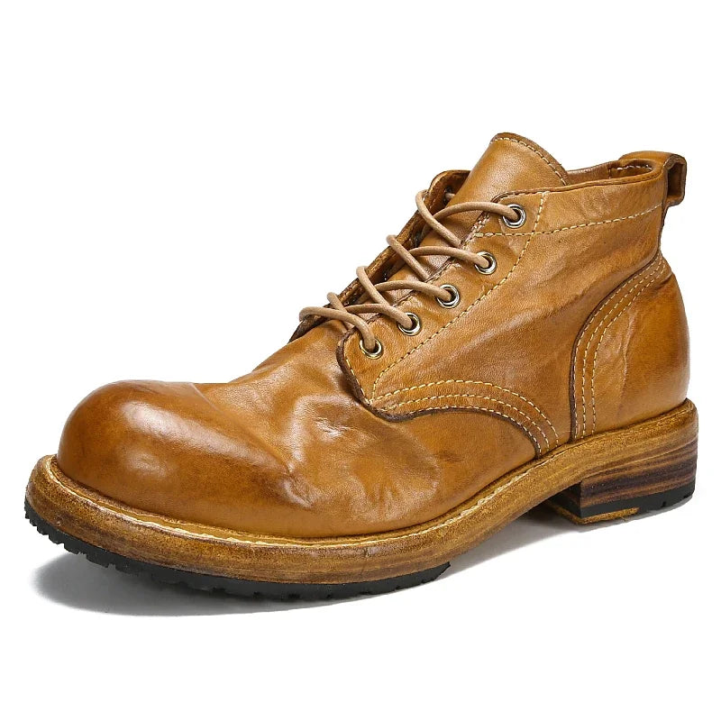 Men's Genuine Leather Goodyear-Boots Retro Work Dress Shoes Washed Horse Leather Casual Men's Shoes
