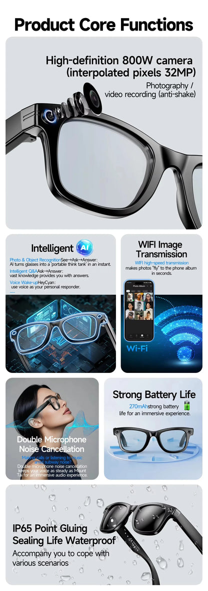 Smart Glasses W610 with Camera 8 Million Pixels Wi-Fi Touch Control Dual-microphone Noise Reduction AI Translation Sunglasses