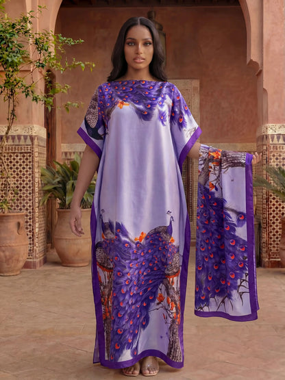 African Women's Printed Abaya With Scarf - Dubai Style Loose Boat Neck Batwing Sleeve Maxi Kaftan Dress