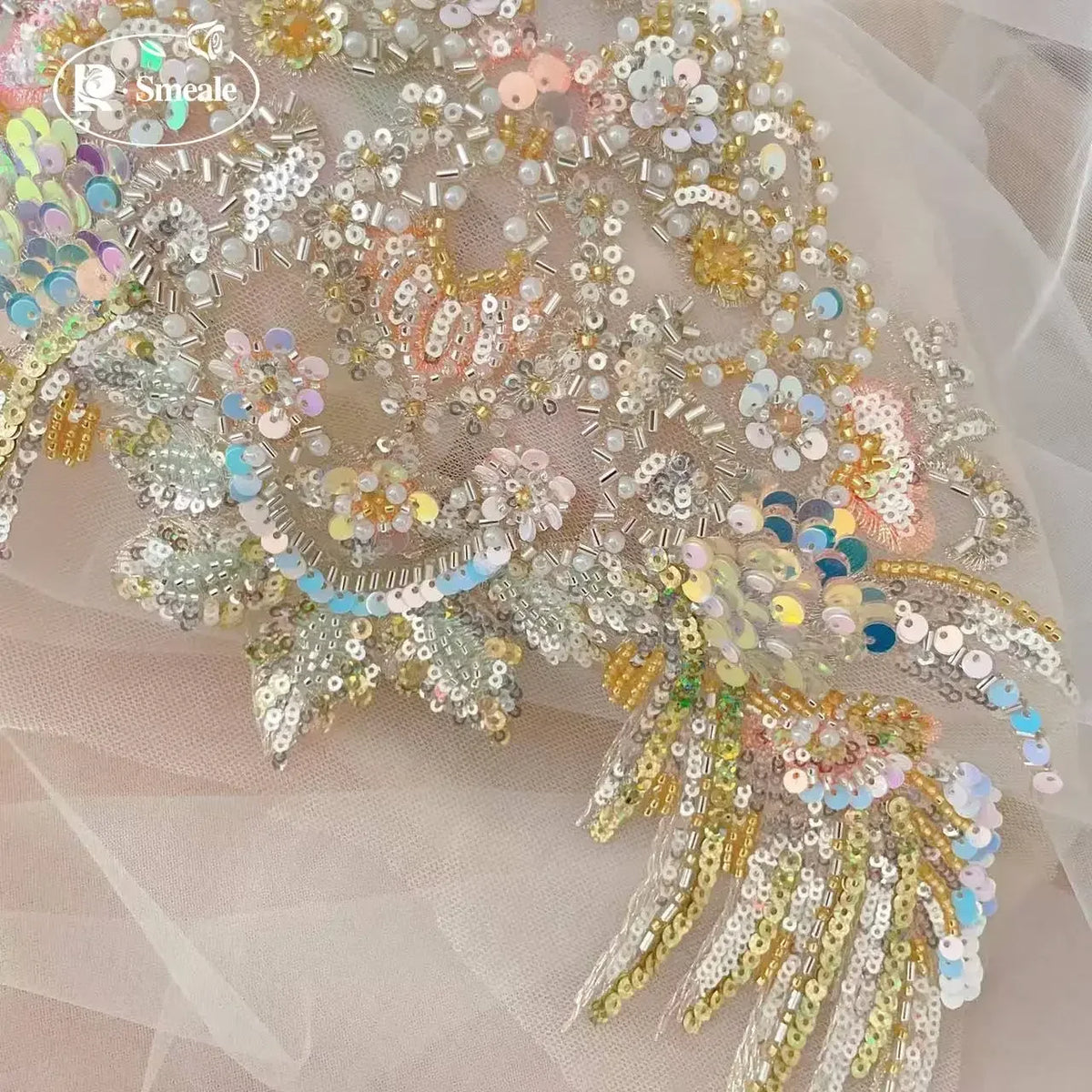 Sequins Bead Embroidery Lace Headwear, Costume Hanfu Belt, Champagne Gold Fish Scale, Performance Costume