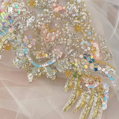 Sequins Bead Embroidery Lace Headwear, Costume Hanfu Belt, Champagne Gold Fish Scale, Performance Costume