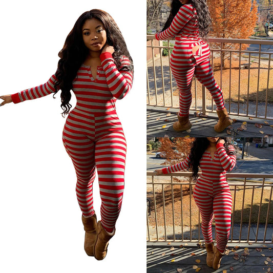 2025 Sexy Women Ladies Deep V Neck Overalls Butt Flap Pajamas Sleepwear Long Sleeve Bodycon Bodysuit Jumpsuit Rompers Clubwear