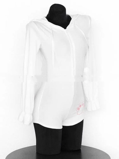 Cute Fluffy Bunny Onesie Women Sweet Plush Loungewear Pajamas Kawaii Hooded Jumpsuit Soft Cozy Homewear Ins Trend Japanese Style