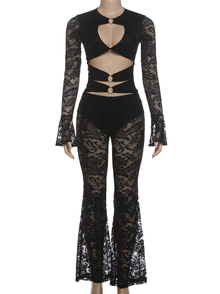 See Through Jumpsuits Woman Metal Rings Patchwork Hollow Design Sexy Full Sleeve Midnight Club Party Wild Style Overalls