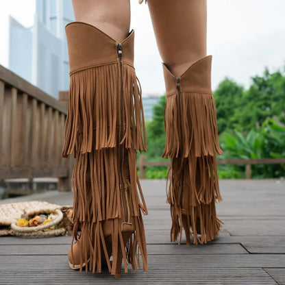 Women Boots Tassel Pointed Toe Thin Heels Women's Boots Suede Multi Fringe Knee High Boots Street-Style Party Fashion Shoes