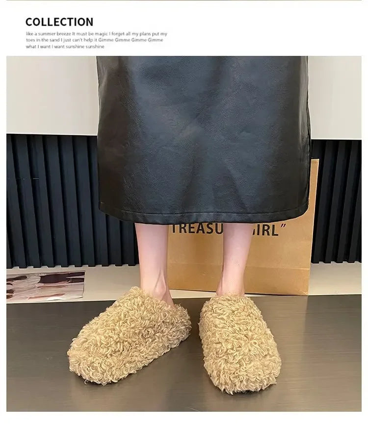 Thick Heel Luxury Lambwool Mules  Winter Shoes Woman Flip Flops Flat Cover Toe Slides Ins Warm Curly Lamb Fur Slippers Women