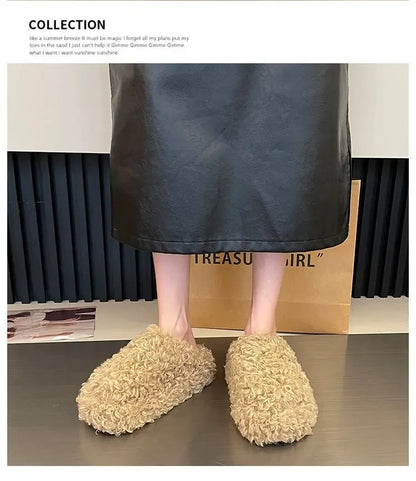Thick Heel Luxury Lambwool Mules  Winter Shoes Woman Flip Flops Flat Cover Toe Slides Ins Warm Curly Lamb Fur Slippers Women