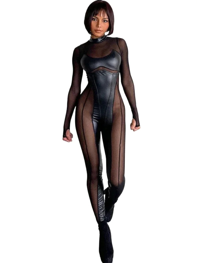 Black Mesh Sheer Bodycon Jumpsuit for Women 2024 Sexy Clubbing Outfits Gothic Punk Black One Piece Techwear C70-EC27