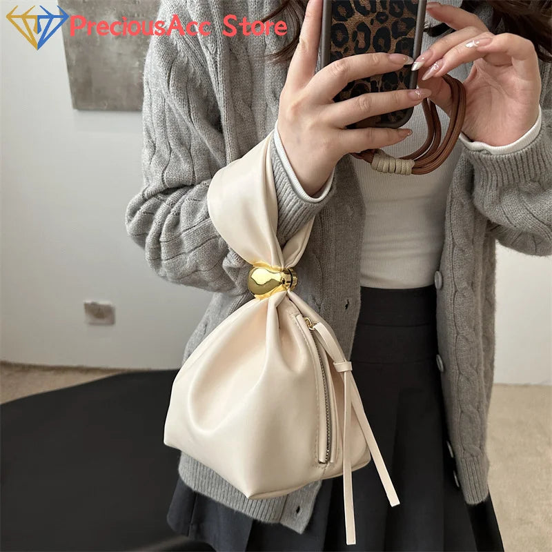 Mini PU Leahter Underarm Pleated Cloud Bag For Women 2025 Fashion Designer Female Retro Bucket Shoulder Bag Handbags And Purses