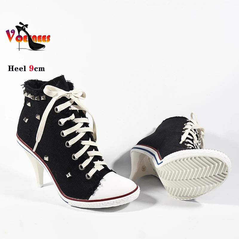 2024 NEW Spring High Heels Rivet Black Shoes Women Fashion Thin Heels Denim Canvas Shoes High Top Round Toe Lace Up Ladies Boots