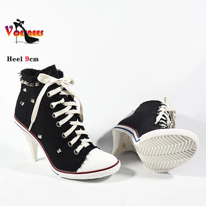2024 NEW Spring High Heels Rivet Black Shoes Women Fashion Thin Heels Denim Canvas Shoes High Top Round Toe Lace Up Ladies Boots