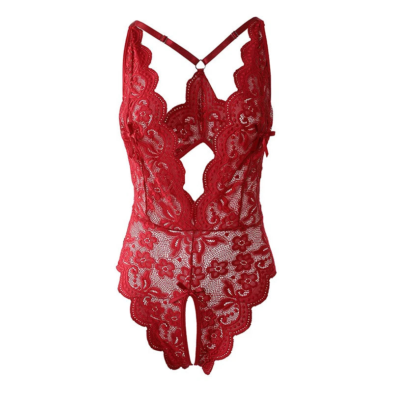 Sexy Crotchless Bodysuit Women Lace Hollow Rompers Erotic Clothes Deep V Open Bra Teddy Bodysuits Dress Black Jumpsuit One Piece