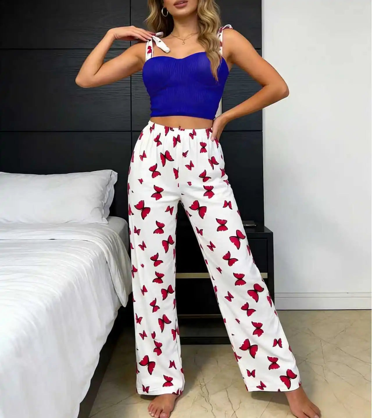 Women's Butterfly Print Tie Strap Cami Long Pants Pajama Set Summer Sexy Lounge Wear 2 Piece Set Female Soft Sleepwear
