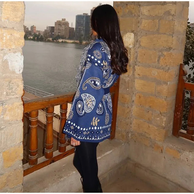 Gem Print Knit Tassel Cardigan Lapel Tie Loose Long Sleeve 2026 Autumn Chic Women Boho Street Daily Fashion Ladies Knitwear