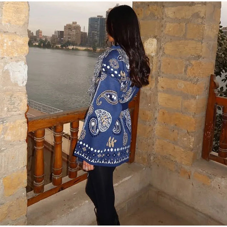 Gem Print Knit Tassel Cardigan Lapel Tie Loose Long Sleeve 2026 Autumn Chic Women Boho Street Daily Fashion Ladies Knitwear