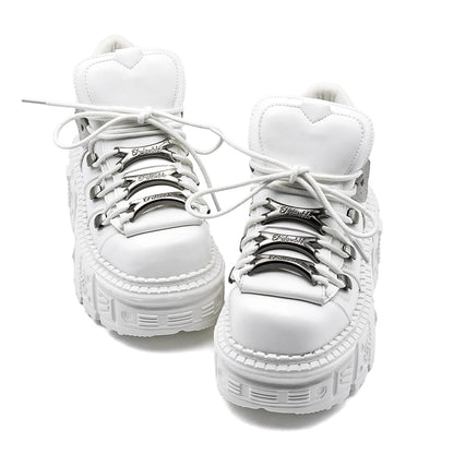 Gothic Ankle Rock Boots Women Shoes White Leather Platform New Punk Style Lace-up Heel Height Shoes Metal Decor Woman Sneakers