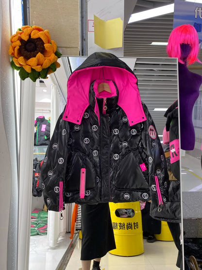Bright Printed Down Jacket Fashion Hooded Color Block Short Jackets Winter Wash Free Loose Thick 90 White Duck Puffer Coat Women