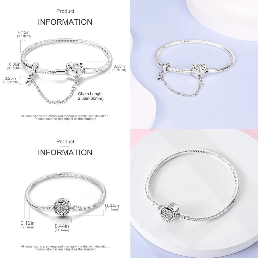 Silver 925 Bracelet Original Bracelets Colorful Zircon Heart Flower Cat Snake Chain For DIY Charms 17-20CM Luxury Jewelry Gifts