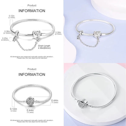 Silver 925 Bracelet Original Bracelets Colorful Zircon Heart Flower Cat Snake Chain For DIY Charms 17-20CM Luxury Jewelry Gifts