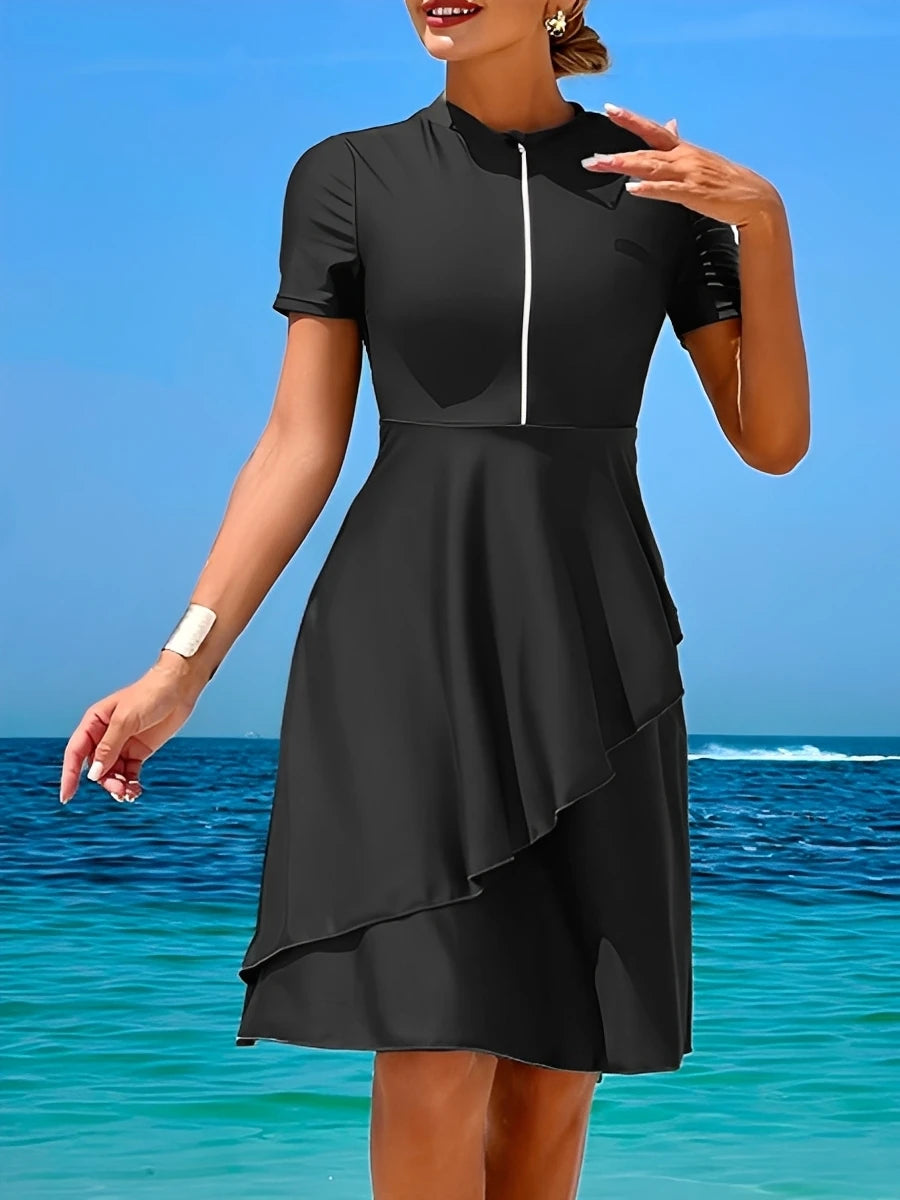 2026 Long Knee Swimwear Female Tankini 2 Pieces Zipper Swimsuit Women Beach Dress Solid Bathers Bathing Swimming Swim Suit
