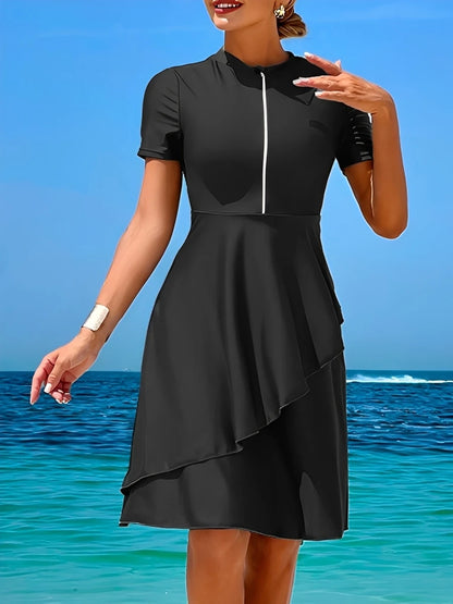 2026 Long Knee Swimwear Female Tankini 2 Pieces Zipper Swimsuit Women Beach Dress Solid Bathers Bathing Swimming Swim Suit