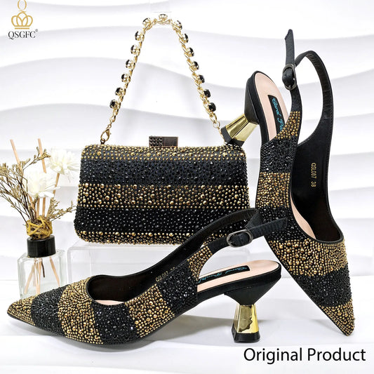QSGFC Ladies High Quality Women's Pumps Black Gold Shoes and Bag Set DURABLE OUTSOLE Italian Fashion Design For Nigeria Wedding