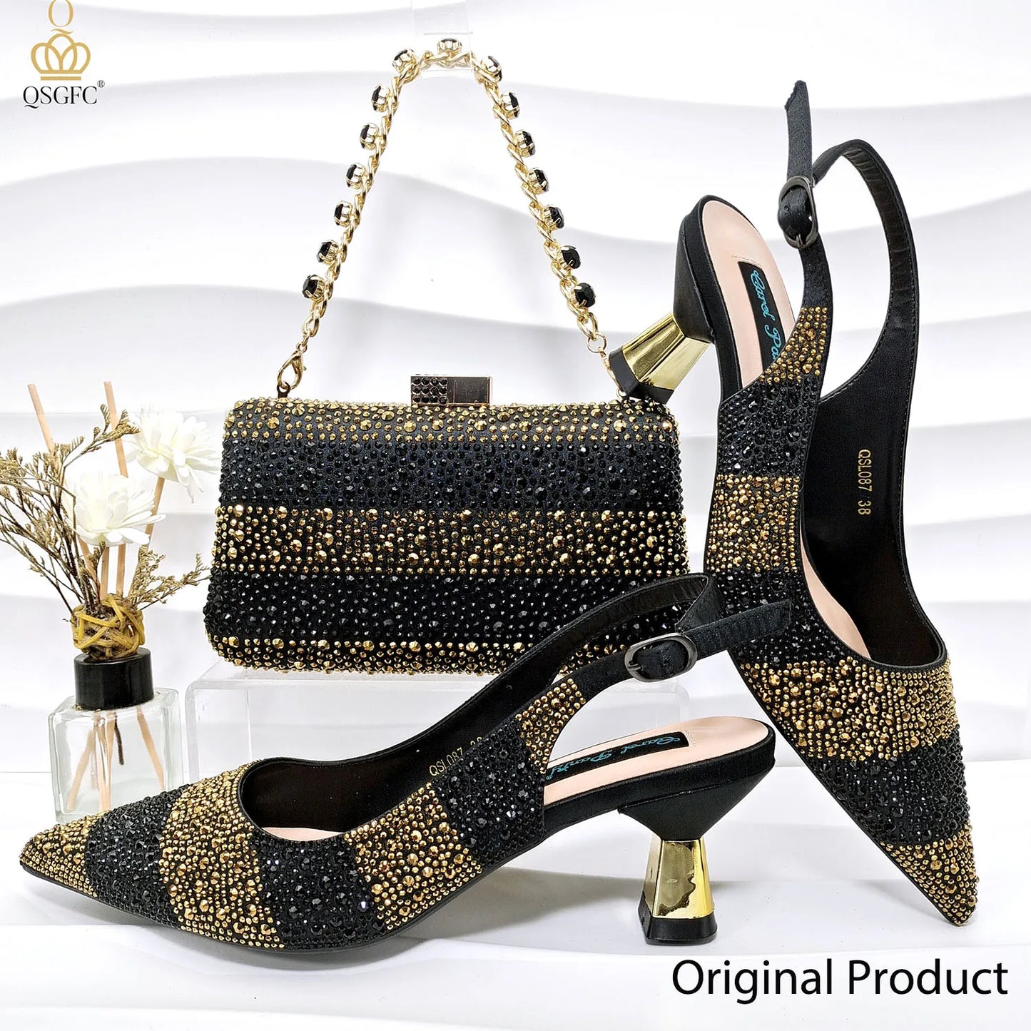 QSGFC Ladies High Quality Women's Pumps Black Gold Shoes and Bag Set DURABLE OUTSOLE Italian Fashion Design For Nigeria Wedding