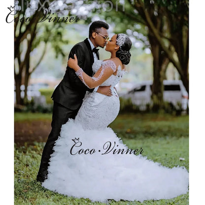 Customized Africa Luxury Mermaid Wedding Dress For Women 2026 New Long Sleeves With Heavy Beading Sequin Lace Bride Dress W1381