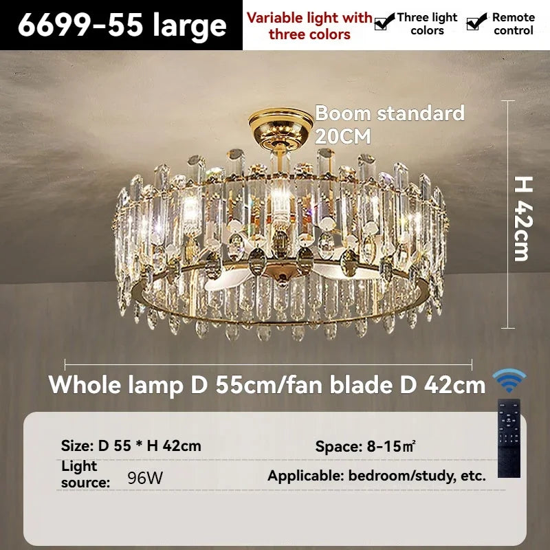 Nordic Luxury Crystal Ceiling Fan Light Modern Minimalist Dining Room Hotel Pendant Lights Living Room Bedroom Silent Fan lamp