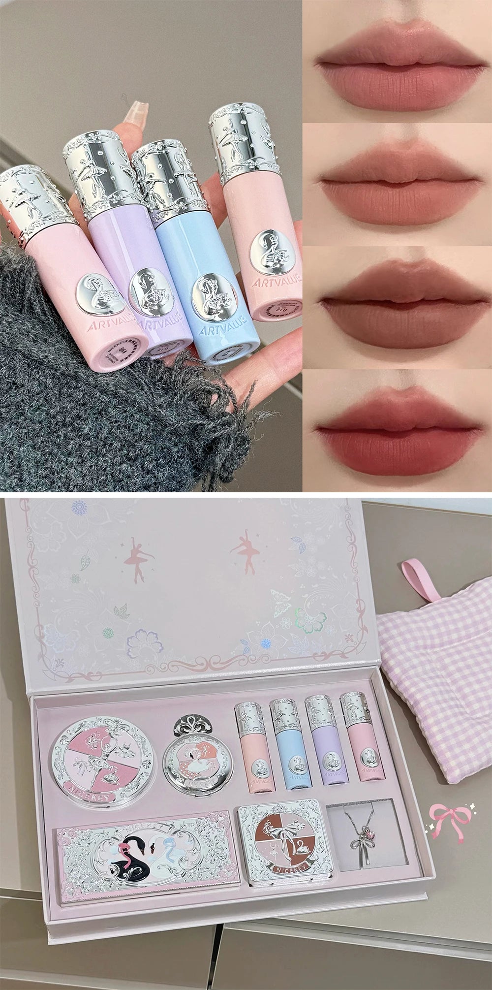 NICEKEY Makeup Kit Include 4 Matte Lipgloss,1 Face Blusher,1 Pressed Powder,1 Eyesshadow Palette,1 Contour Palette With Necklace