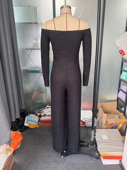 Fashion Slim Long Sleeve Jumpsuits for Women Slash Neck Folds Solid Straight Women Jumpsuit Monos Mujer Elegante