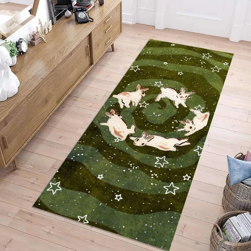 Cute Green Starry Rabbit Non-slip Soft Washable Runner Rug for Hallway Kitchen Bedroom Home Decoration