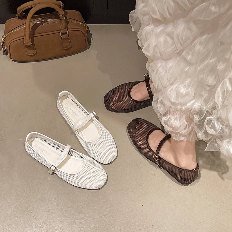 Women Luxury Sandals Flats Shallow Beach Comfort Retro Female Mary Jane Fishing Net Ballet Shoes Women's Soft Bottom Flat Hollow