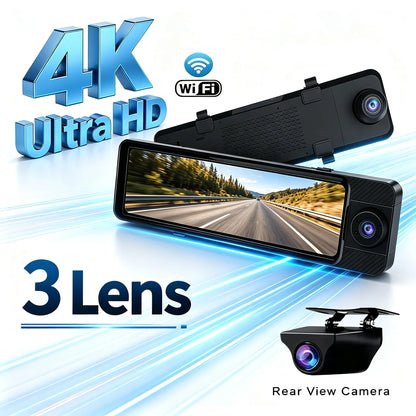 4K Ultra HD Mirror Dash Cam 3 Lens Front and Rear View WiFi Car Camera Streaming Media Display Night Vision Parking Monitor