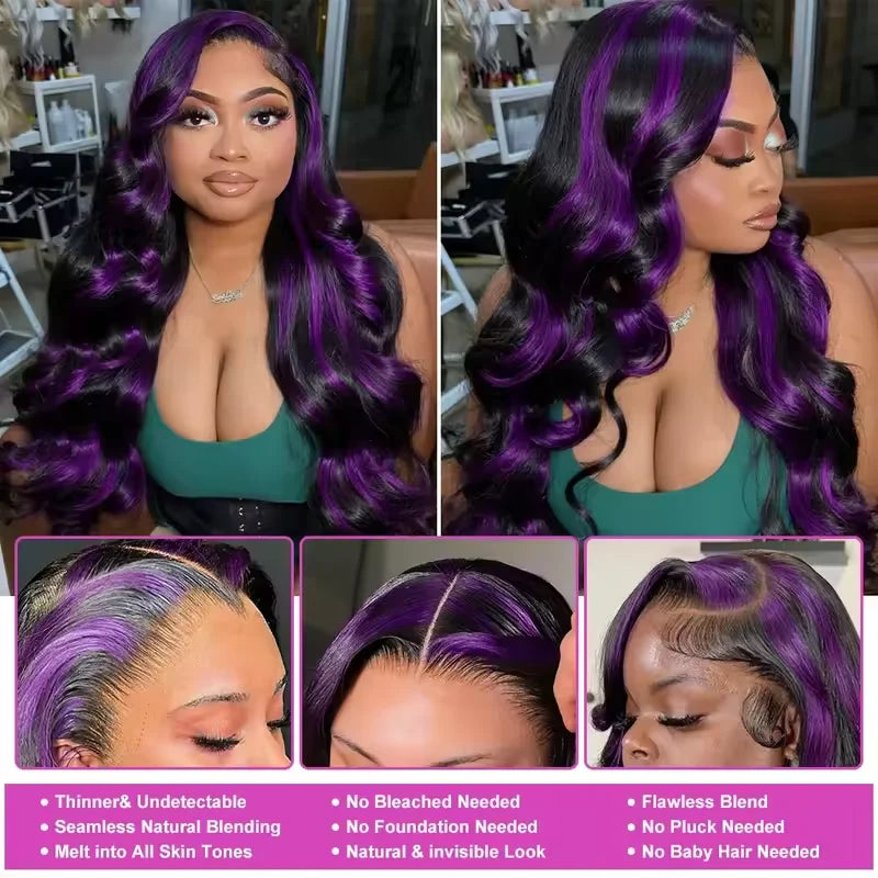 220% Density Ombre Purple Highlight Body Wave 13x6 HD Lace Front Wig Human Hair Waves Dark Purple 13x4 Lace Frontal Wigs For Women