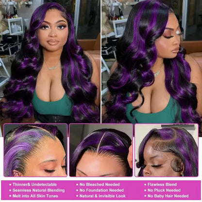 220% Density Ombre Purple Highlight Body Wave 13x6 HD Lace Front Wig Human Hair Waves Dark Purple 13x4 Lace Frontal Wigs For Women