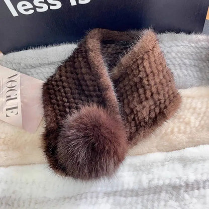 Mink Fur Scarf For Women Winter Warm Mink Fur Neck Warmer With Fox Fur Ball Double-Sided Real Fur Scarf Luxury Natural Fur Scarf
