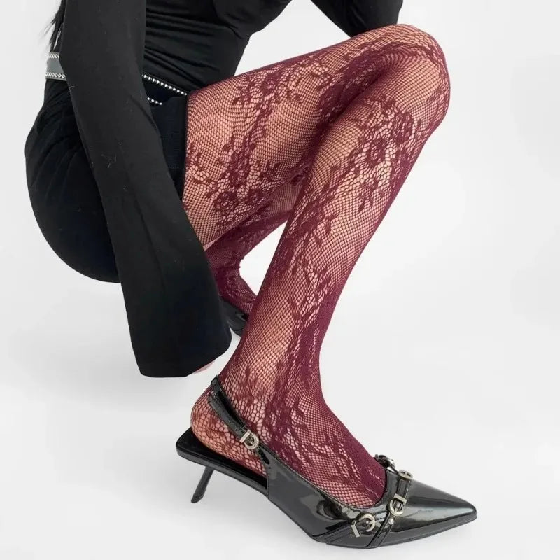 Korean INS Hollowed Lace Mesh Stockings Women Pantyhose Hot Tights Japanese Lolita Retro Floral Rattan Black White Long Socks