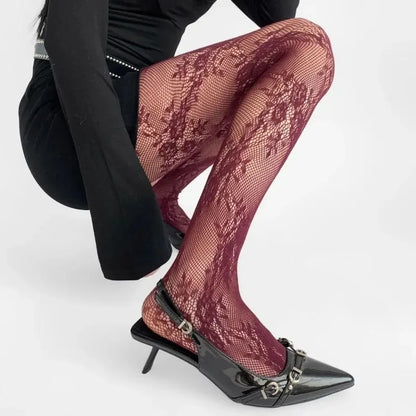 Korean INS Hollowed Lace Mesh Stockings Women Pantyhose Hot Tights Japanese Lolita Retro Floral Rattan Black White Long Socks