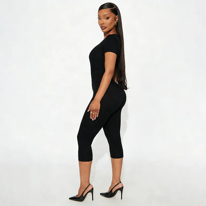Solid Color Sexy Slim Fit and Slimming Chest U-Neck Jumpsuit, Versatile and Fashionable Jumpsuit Cropped Pants
