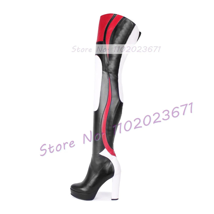 Colorful Patchwork Platform Thigh High Boots Women Sexy Catwalk Slim Round Toe Shoes Female Block High Heel Motorcycle Boots