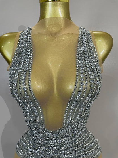 Luxury Sparkly Silver Diamonds Tassel Mesh Sheer Bodysuits Eveing Birthday Party Latin Dancer Bar Nightclub Sexy Stage Costume