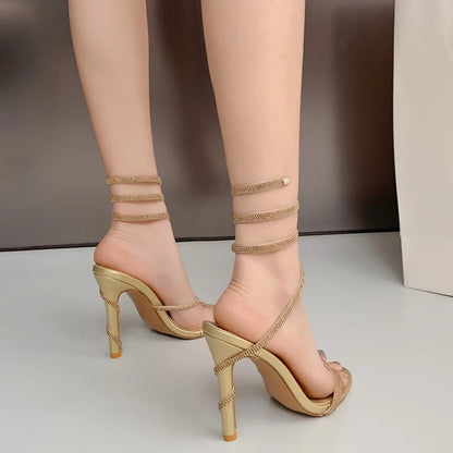 Luxury Crystal Snake Coiled Women Sandals Sexy Narrow band Thin High heels Wedding Party Female Gladiator Sandals Summer Shoes